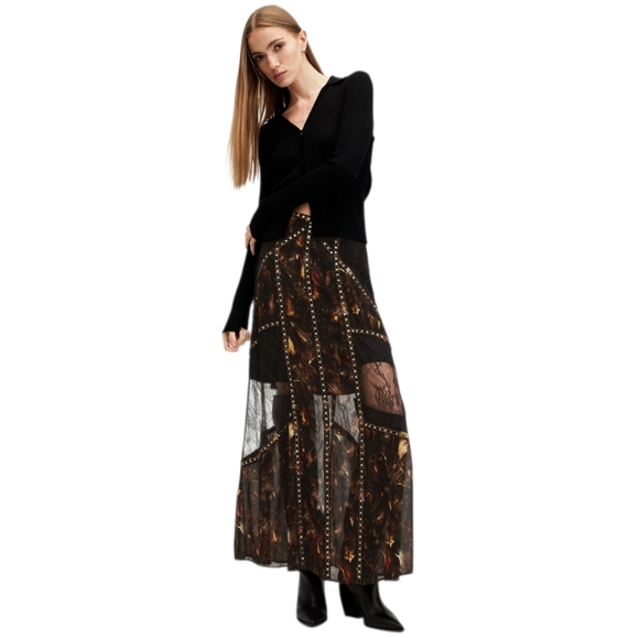 All Saints Dresses & Skirts - All Saints Black Lace Bryn Studded Maxi Half Sheer Skirt Boho Emo Whimsigoth 8